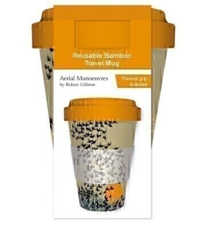 Aerial Manoeuvres Reusable Bamboo Travel Mug Have your morning coffee/tea in style with this high-quality illustrated reusable bamboo travel mug. Featuring Aerial Manoeuvres by Robert Gilmore of black birds flying in the sunshine. Beautiful yellow lid and thermal grip included. 450 ml. Dishawash safe. FDA approved. Food safe. Biodegradable.